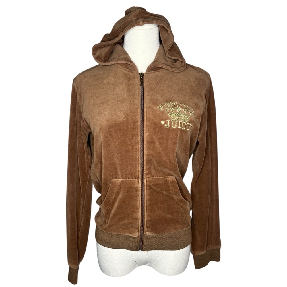 Y2K Vintage Juicy Couture Brown Velour Gold Crown Zip Up Hoodie Sweatshirt
